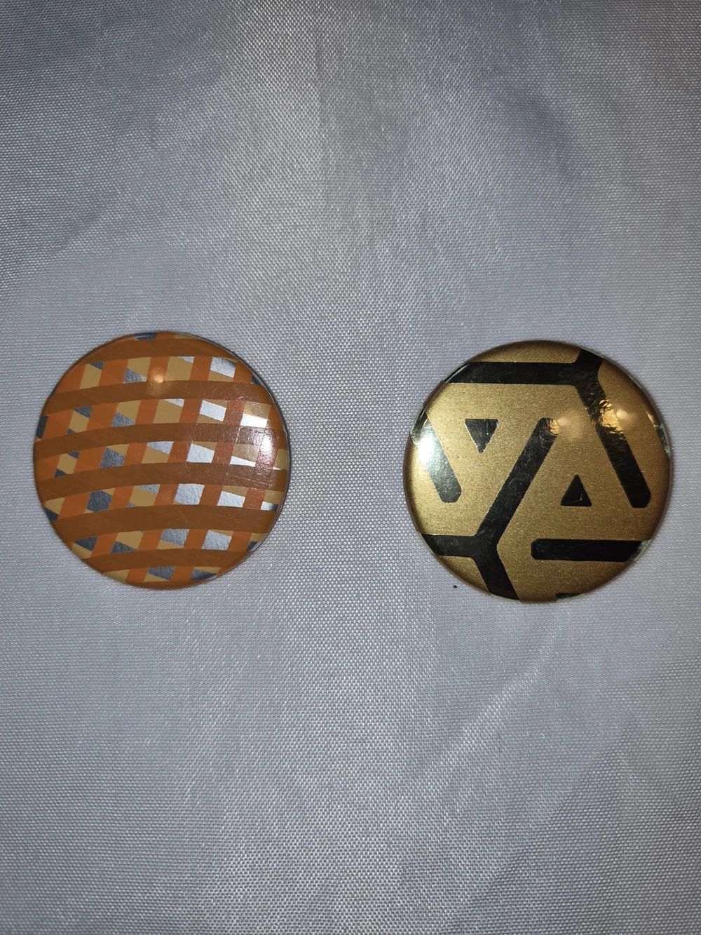 Round Orange & Gold Patterned Pinback Buttons (Set of 2)